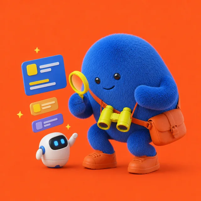 Spot examining search results with a magnifying glass and a friendly robot.