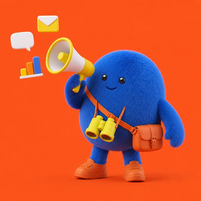 Spot with a megaphone, email, conversation and analytics icons.