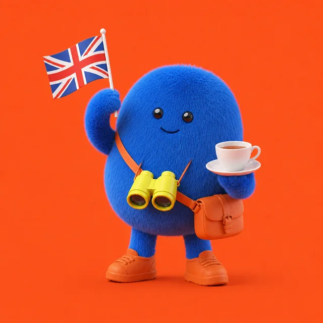 Spot waving a Union Jack and holding a cup of tea.